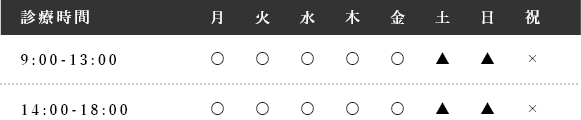 大船みらい歯科の診療カレンダー画像│診療時間│月・火・水・木・金…9:00～13:00/14:00～18:00,土・日…9:00～12:00/13:00～16:00,休診日：祝日・年末年始